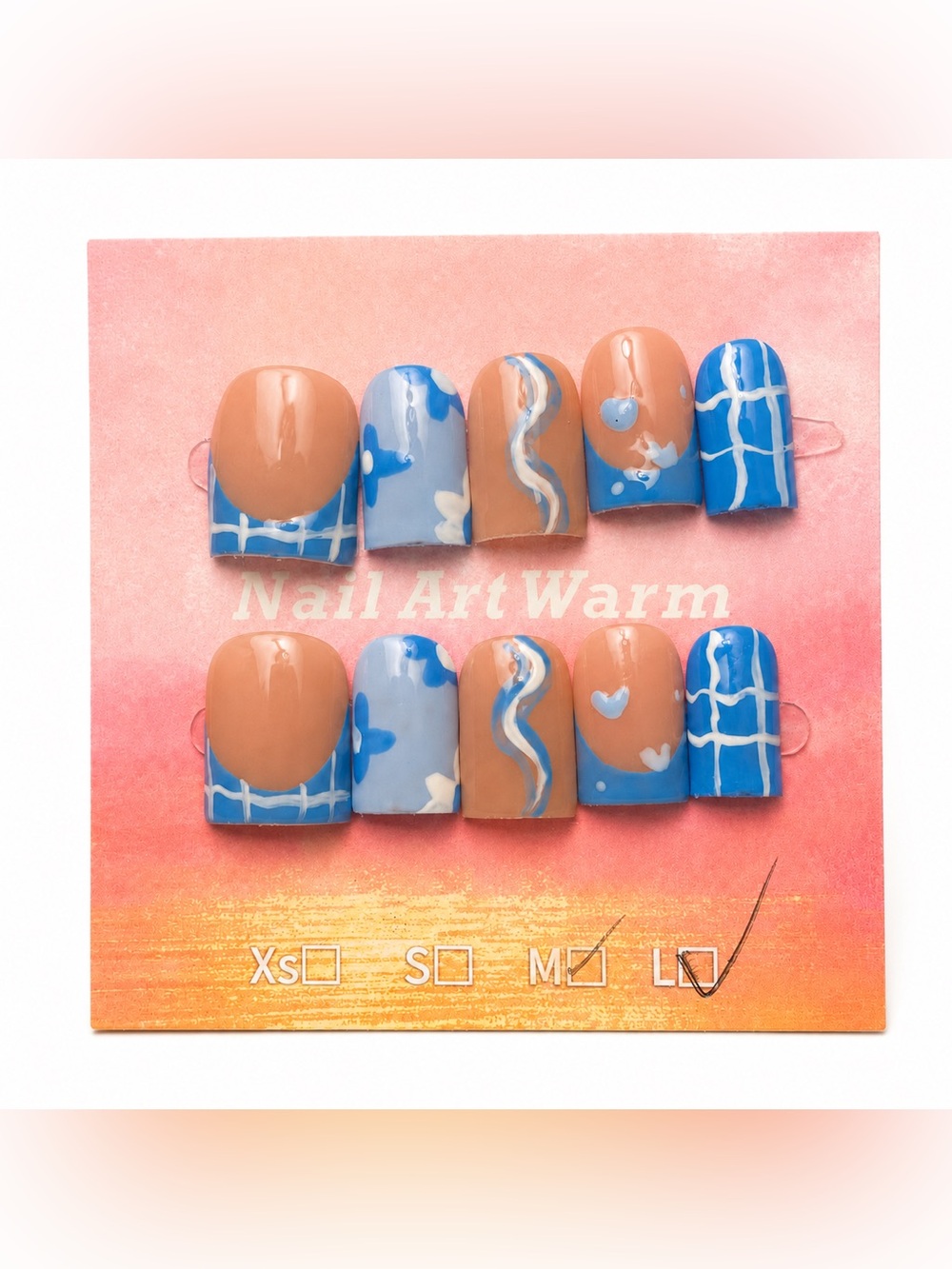 NEW Blue/White Glossy Abstract Press On Nails | Grid Art | Baby Duck | Large